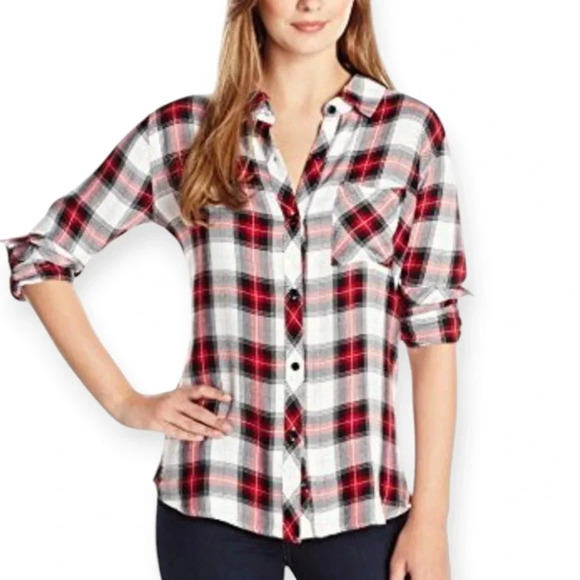 Rails Hunter Plaid Button Up Black White Red Brushed Rayon XS Small - Picture 1 of 15